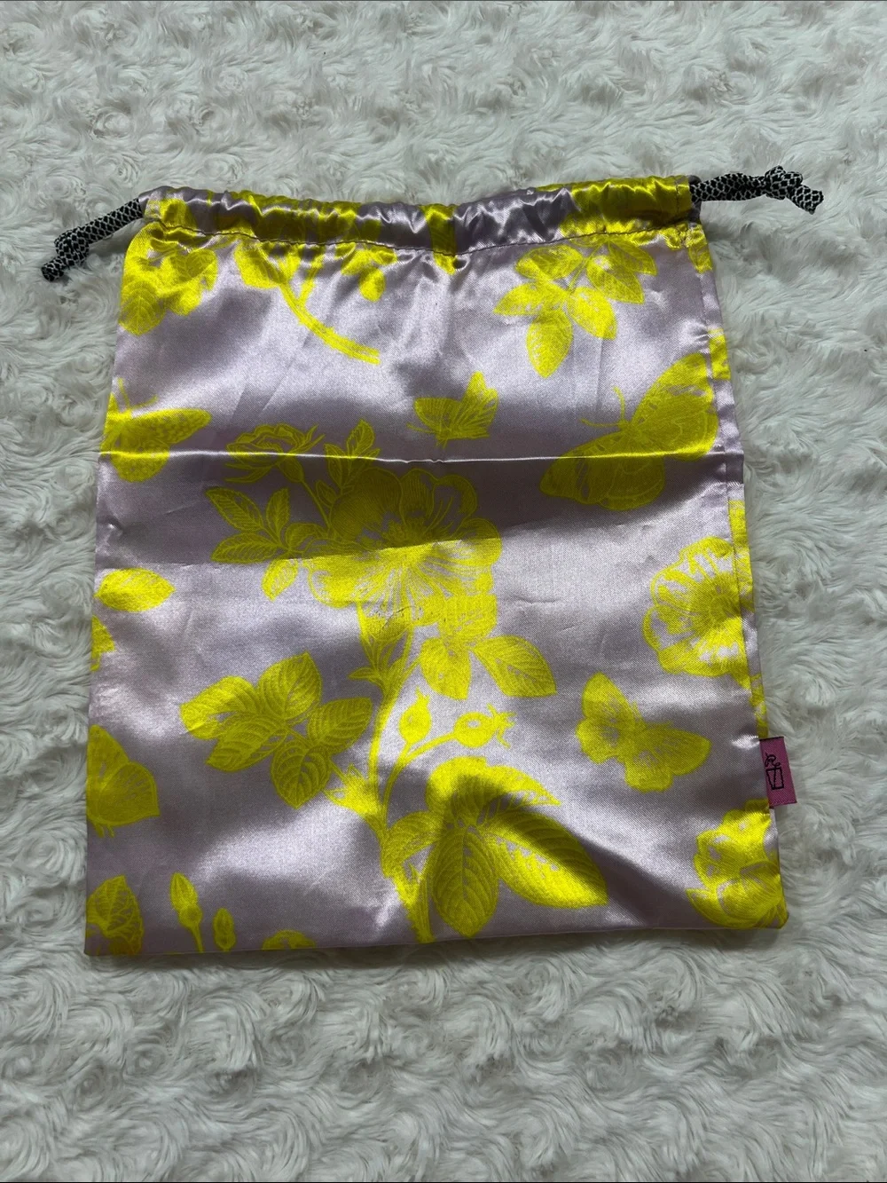 IPSY Satin Floral Drawstring Pouch in Lavender and Bright Yellow Makeup Bag